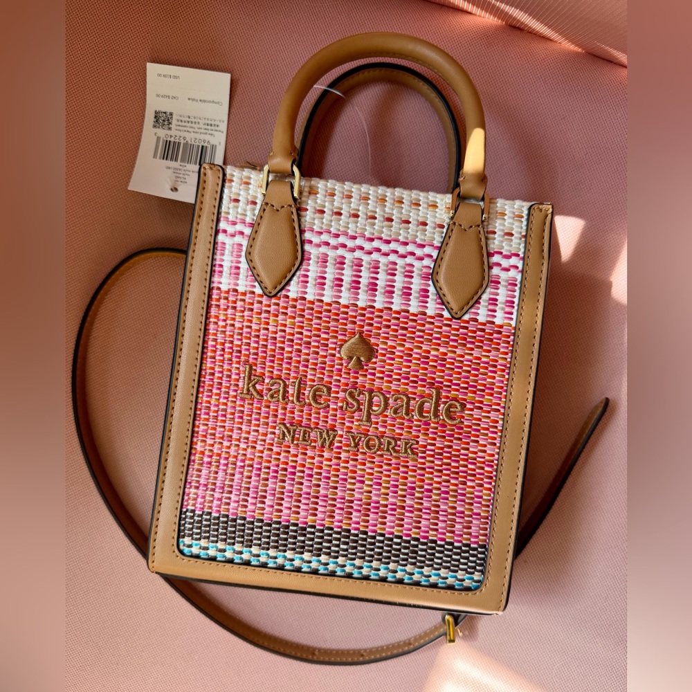 Kate Spade Ellie Mini Tote Multi Straw Pink/Brown Crossbody Bag NWT -